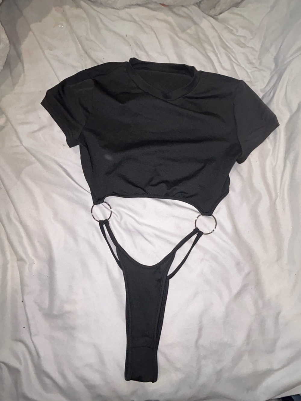 Black Cutout Crop Top monokini Bikini tshirt s swimsuit ring one piece - Picture 4 of 5